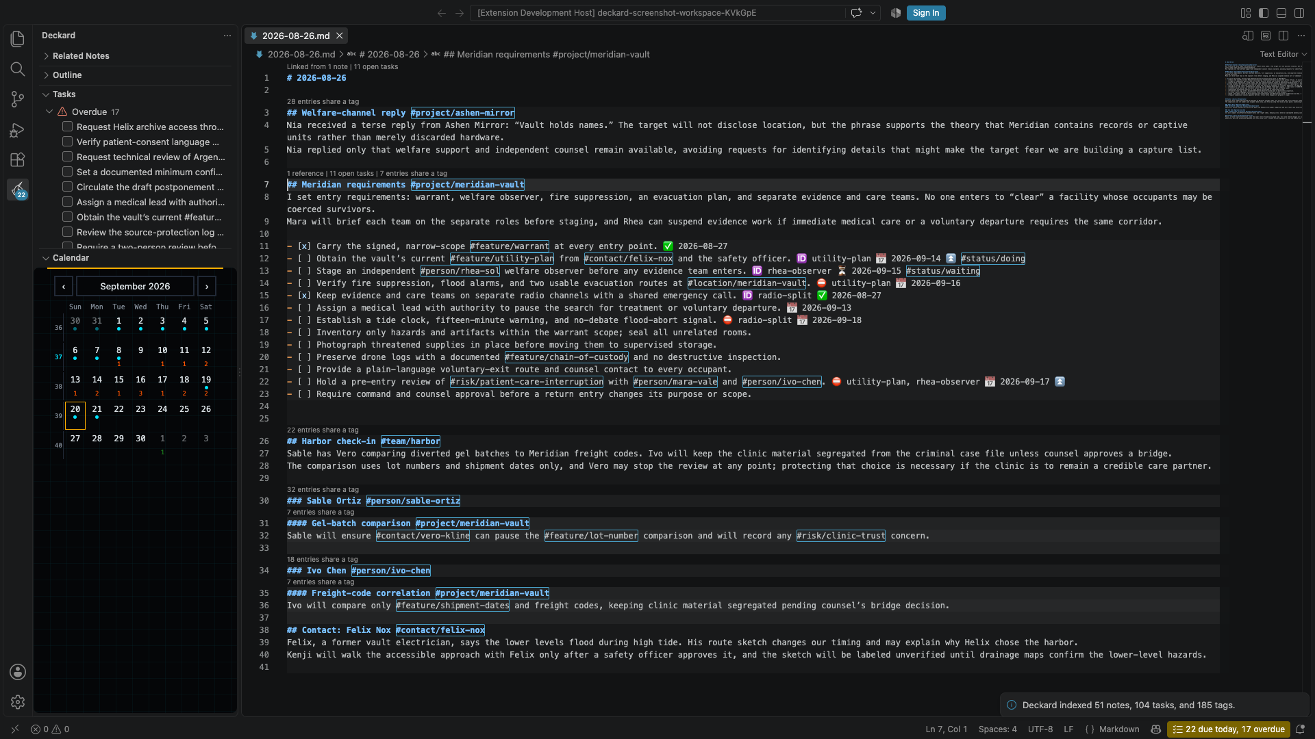Deckard's Tasks view grouping open tasks into Overdue, Today, and Upcoming beside a note with dated tasks.
