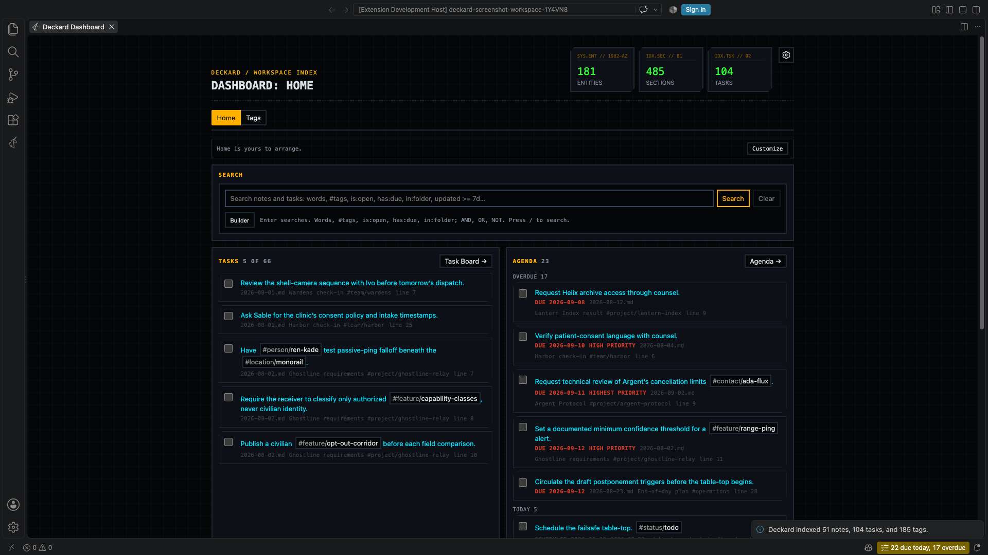 Deckard Dashboard showing workspace totals, saved searches, and active tasks.