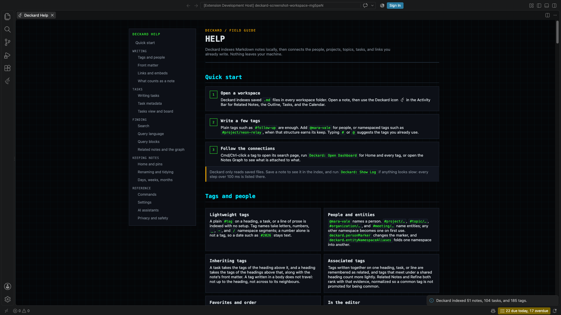 Deckard Help page with quick-start instructions and feature navigation.