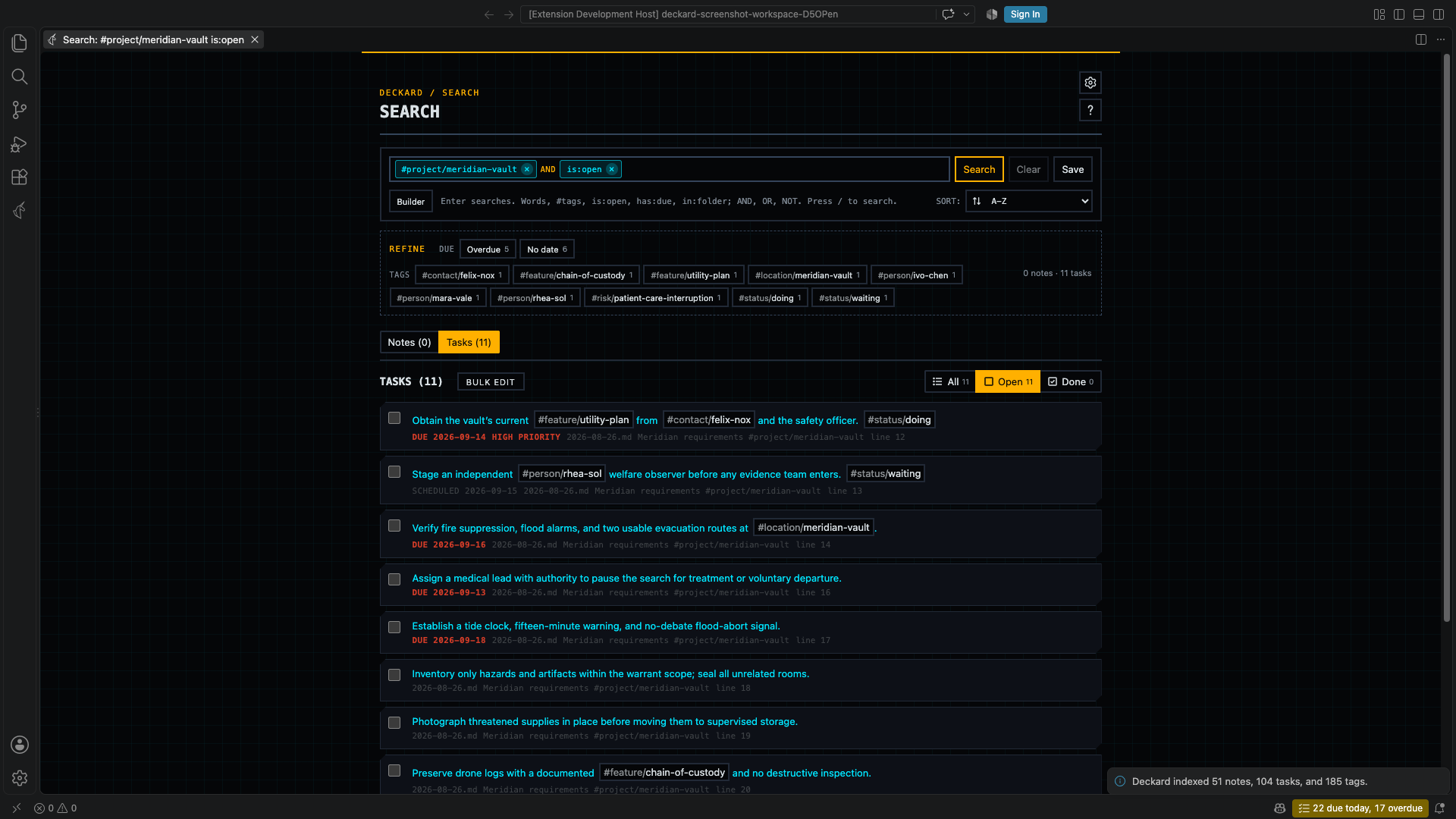 A search page searching #project/meridian-vault is:open, with each term as a chip, Refine counts, and the matching tasks.