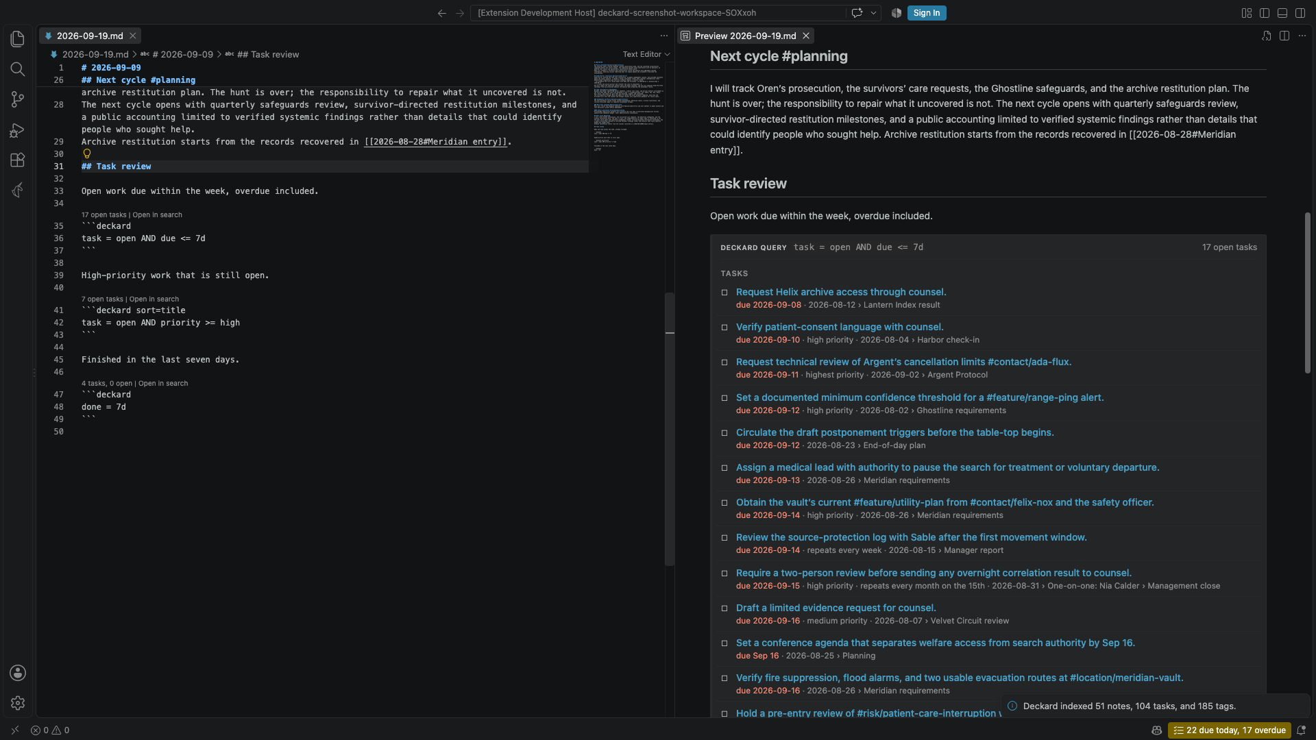 A note's deckard query blocks beside the Markdown preview, which lists the tasks each query matches.