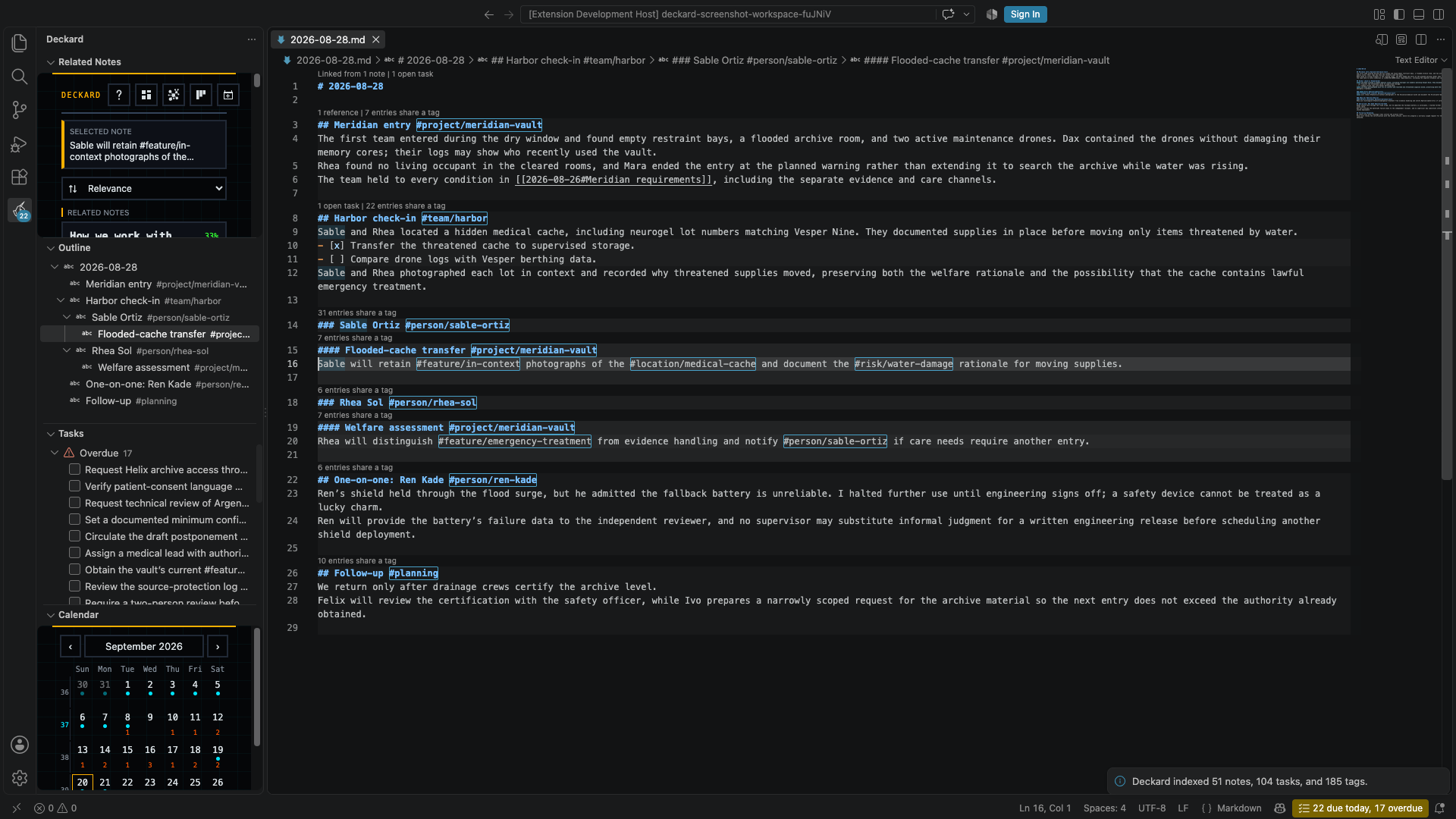 Deckard Related Notes sidebar showing ranked note entries and matching tags.