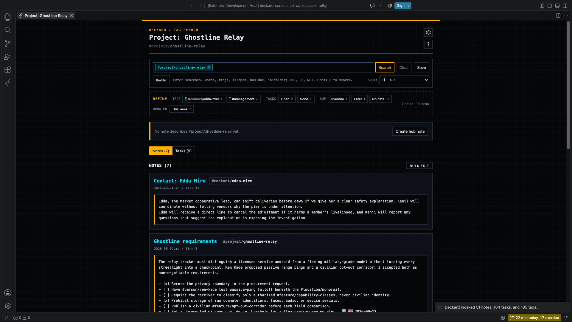 Deckard Tag Overview showing matching notes, active tasks, and display controls.