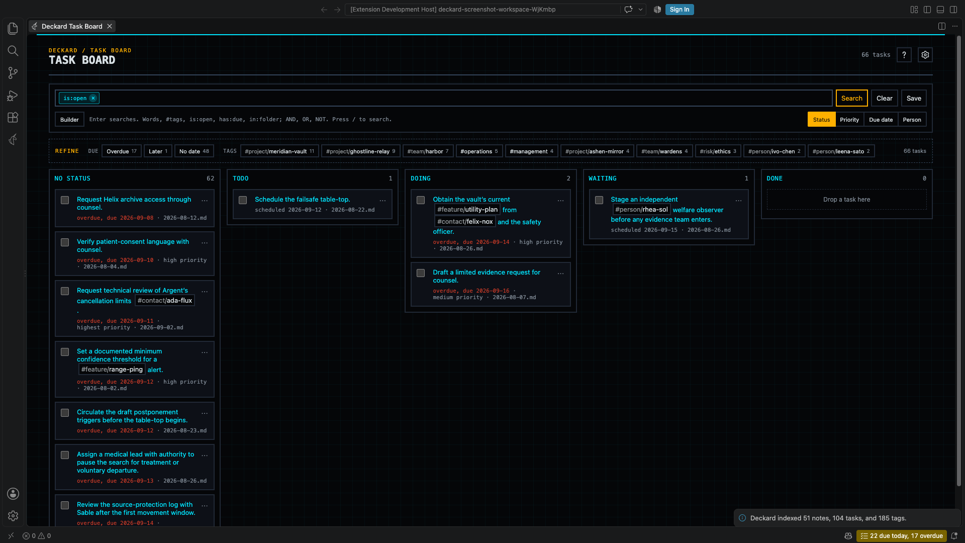 Deckard Task Board showing tasks in status columns that end with Done.